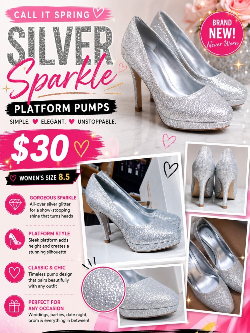 Silver Glitter Platform High Heels Womens Size 8.5